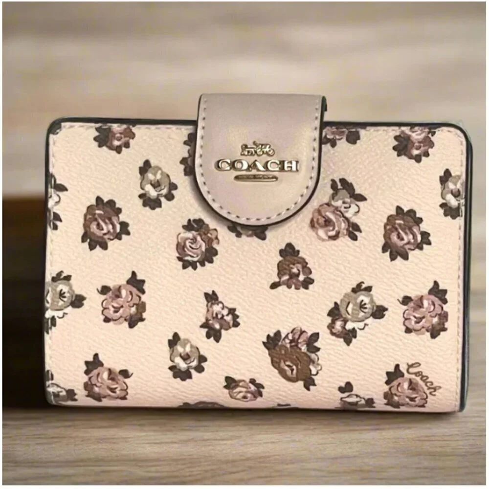 Coach Medium Corner Zip Wallet Rosette Floral Pink Canvas CZ343 Compact ORG PKG